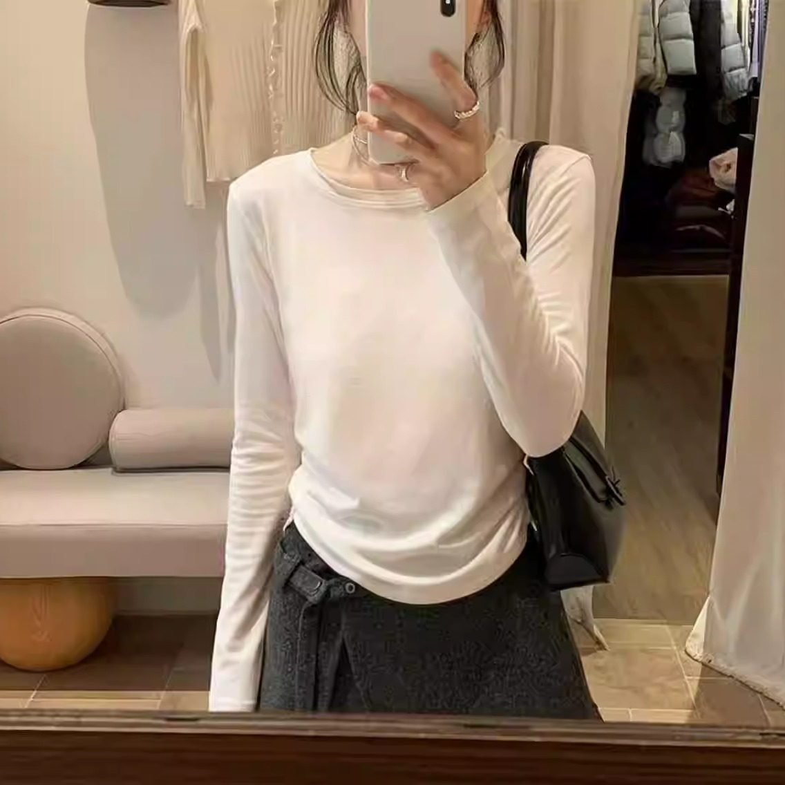 新款棉羊毛圆领修身上衣女装体恤时尚休闲百搭温柔风