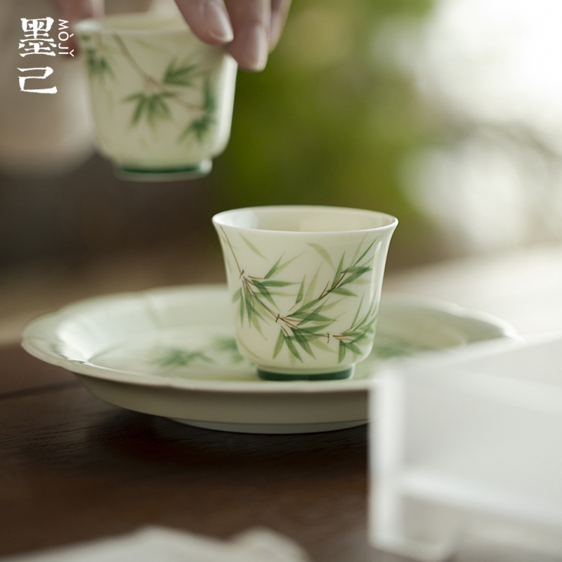 墨己手绘空灵青竹品茗杯釉下彩陶瓷茶杯功夫茶具文人器家用茶单杯