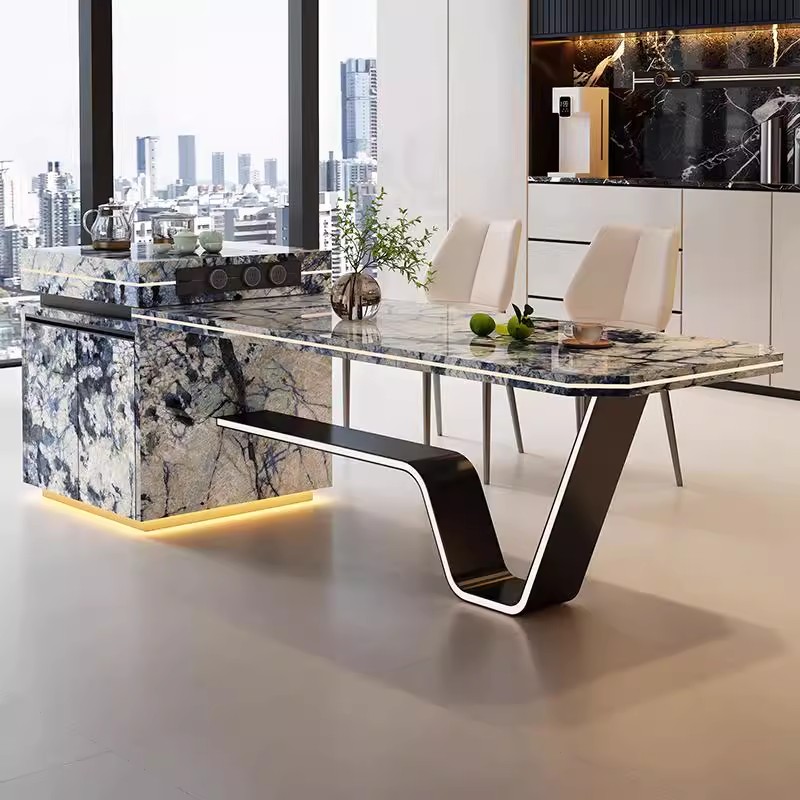 V型腿箱意式极简轻奢岛台家用可伸缩饭桌厨房岩板中岛台一体餐桌