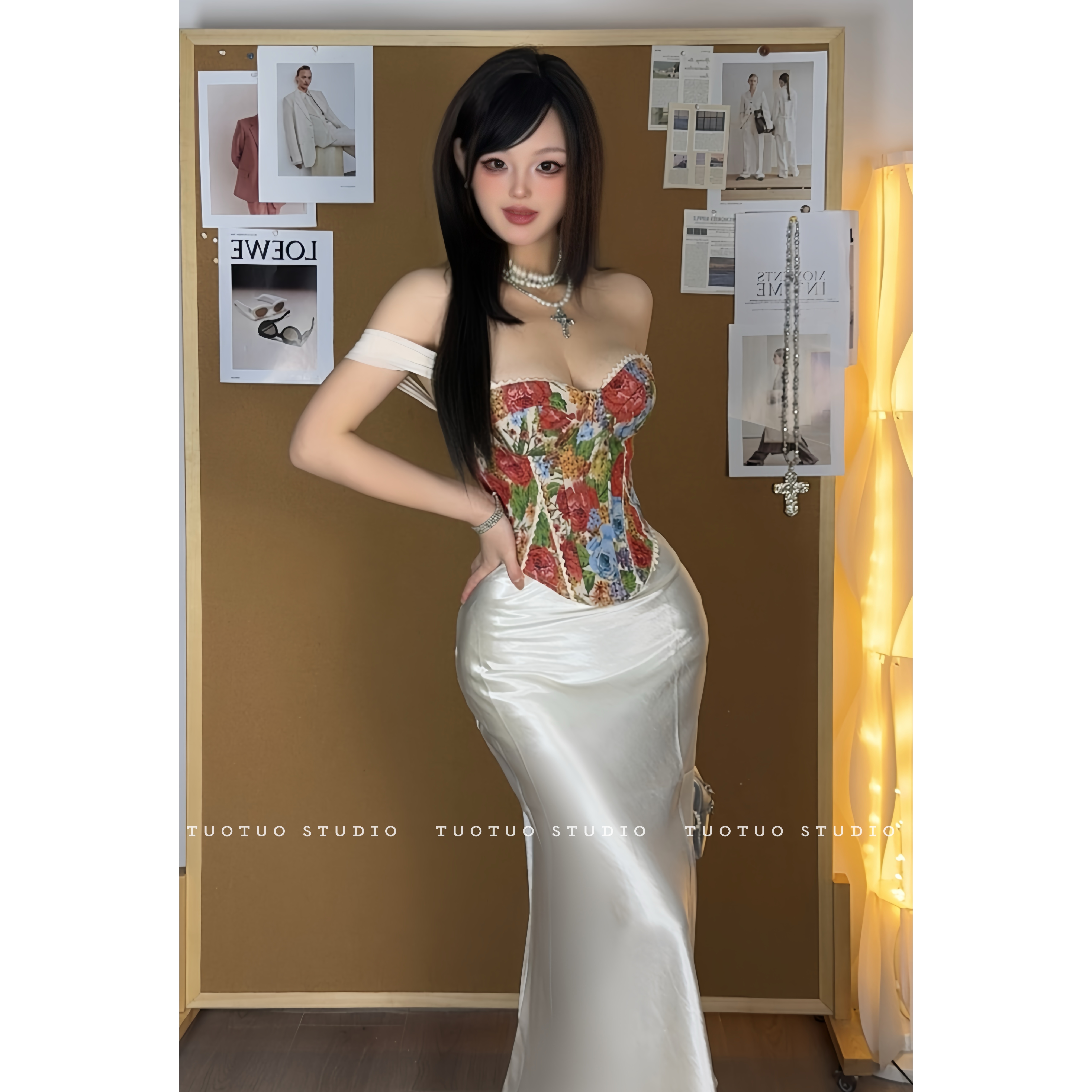 全新配色「山茶花」鎏光缎面弹力鱼尾裙重工鱼骨胸衣套装（无挡片）