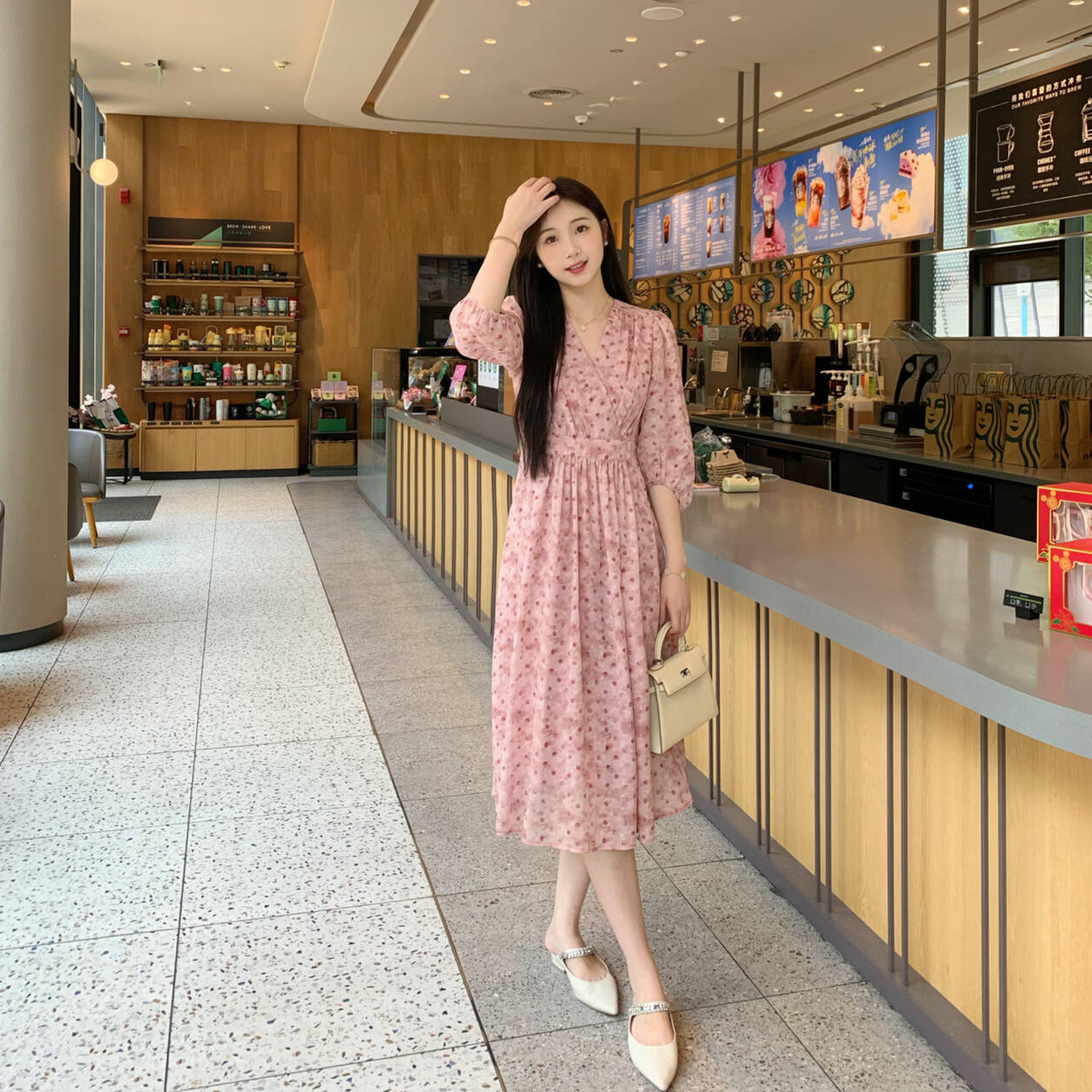 大理邂逅 浪漫波点扎染粉色气质显瘦度假连衣裙中长款LYQ327/5