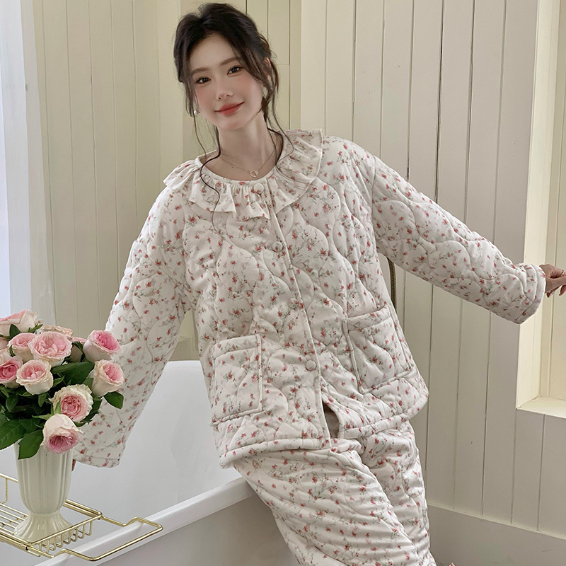（听瑶套装）特厚三层夹棉法式睡衣新款女长袖长裤印花公主