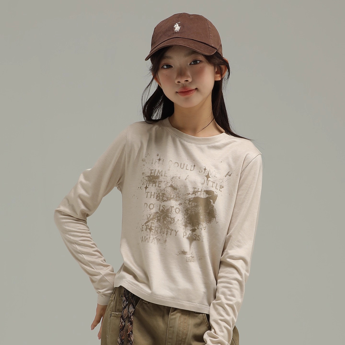 小女森女童春秋印花长袖T恤内搭中大童圆领宽松设计感休闲上衣潮