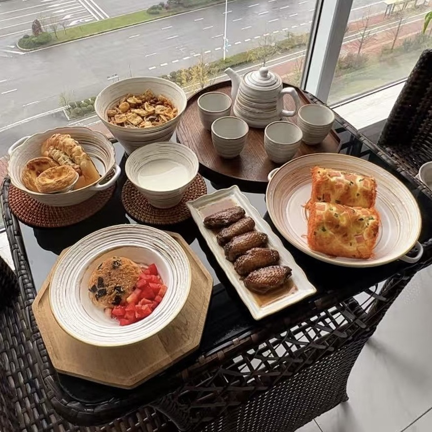 7件套旧时光复古手作盘子双耳碗米饭碗面碗茶具套装  微瑕