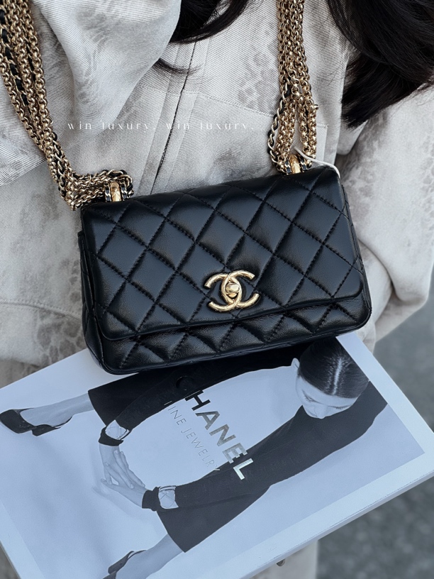 99新 Chanel/香奈儿 24A瀑布链条黑金流苏单肩斜挎包 芯片款