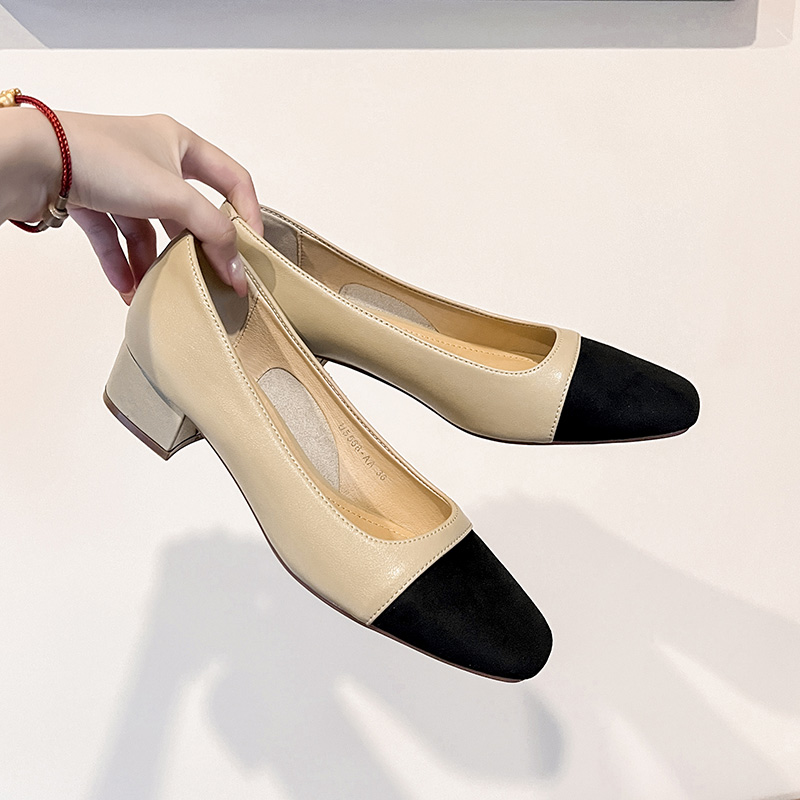 夏季新中式方头浅口中跟小香风风女鞋气质百搭法式粗跟鞋单鞋