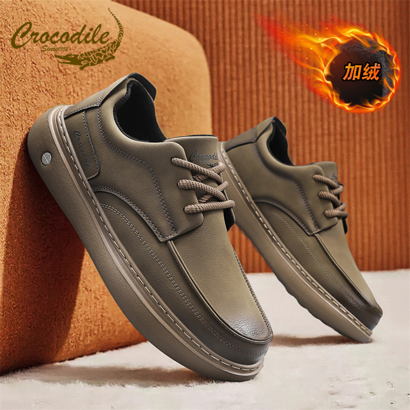 鳄鱼恤冬季皮鞋男士2025新款加绒保暖真皮休闲男鞋增高商务德比鞋