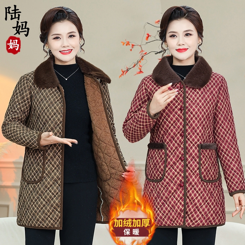 中长款妈妈冬装加绒加厚棉衣2025新款中老年女装宽松保暖棉服外套