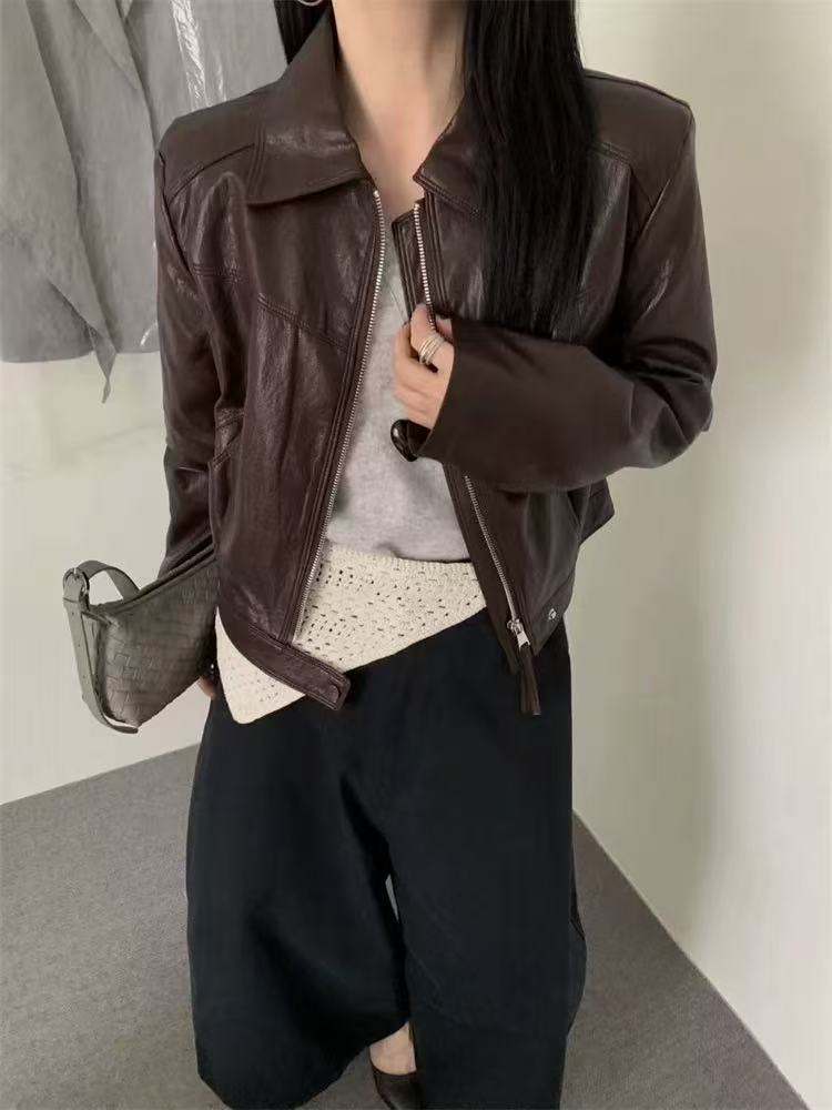 018时尚短款拉链女士皮夹克洋气韩系翻领下摆一粒扣皮衣