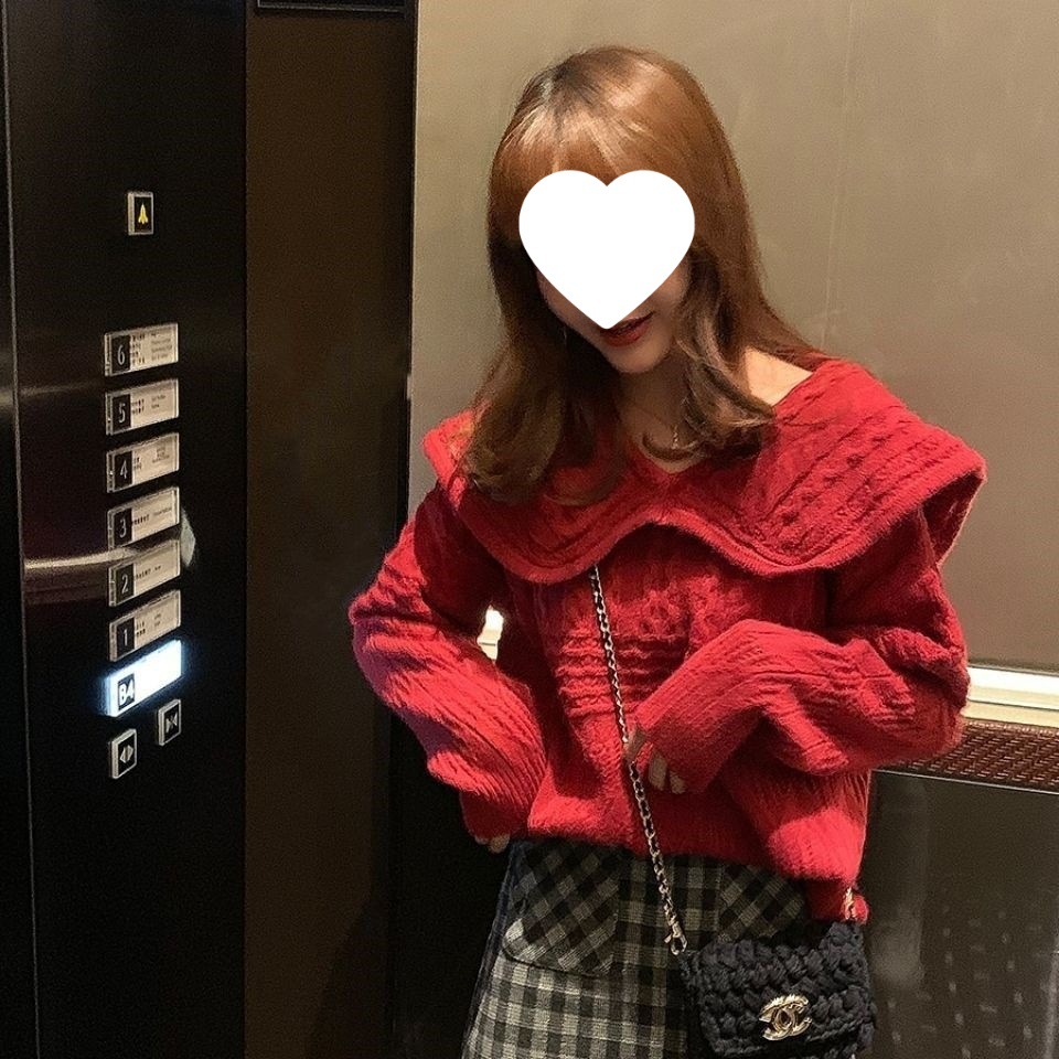 麻花红色毛衣女秋冬新品宽松外穿慵懒风甜美套头海军领针织衫外套