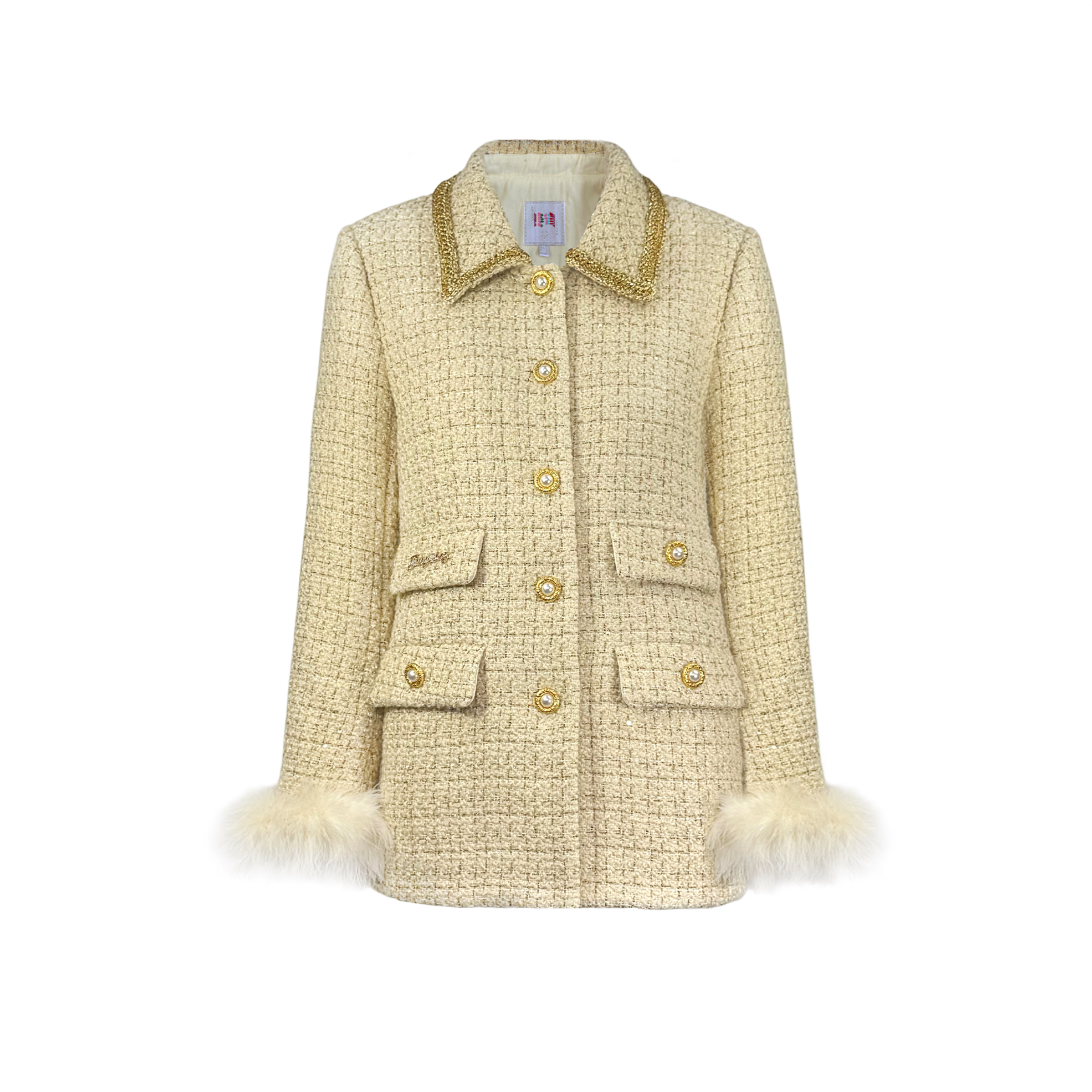 姜穹JIANGQIONG 2025初冬新款金色小香风织编带珍珠设计长外套女