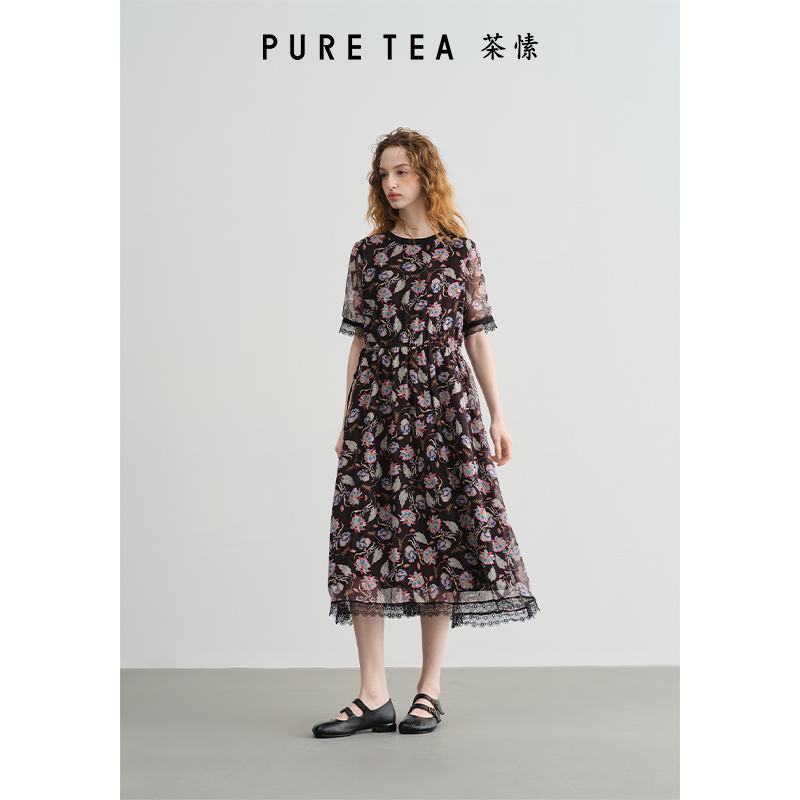 【商场同款】puretea茶愫鸢尾印花雪纺连衣裙女2024夏新TD0502C21