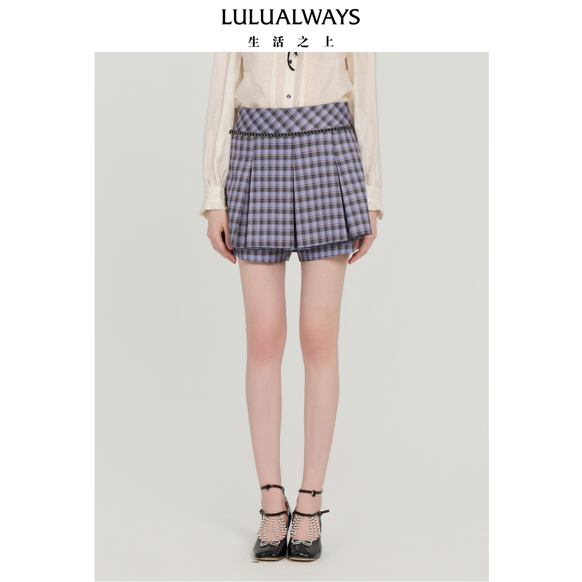 LULUALWAYS25秋季新款复古英伦格纹高腰显瘦阔腿短款裙裤OQC3051