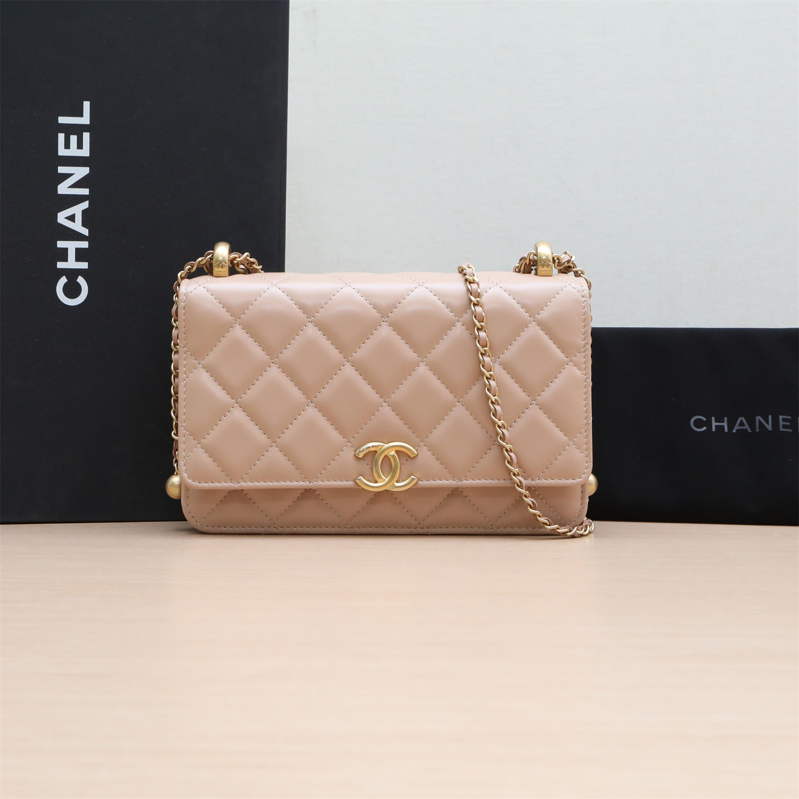 99新 Chanel/香奈儿 小花双双 21K CF WOC 裸粉色 皮革C 芯片开包