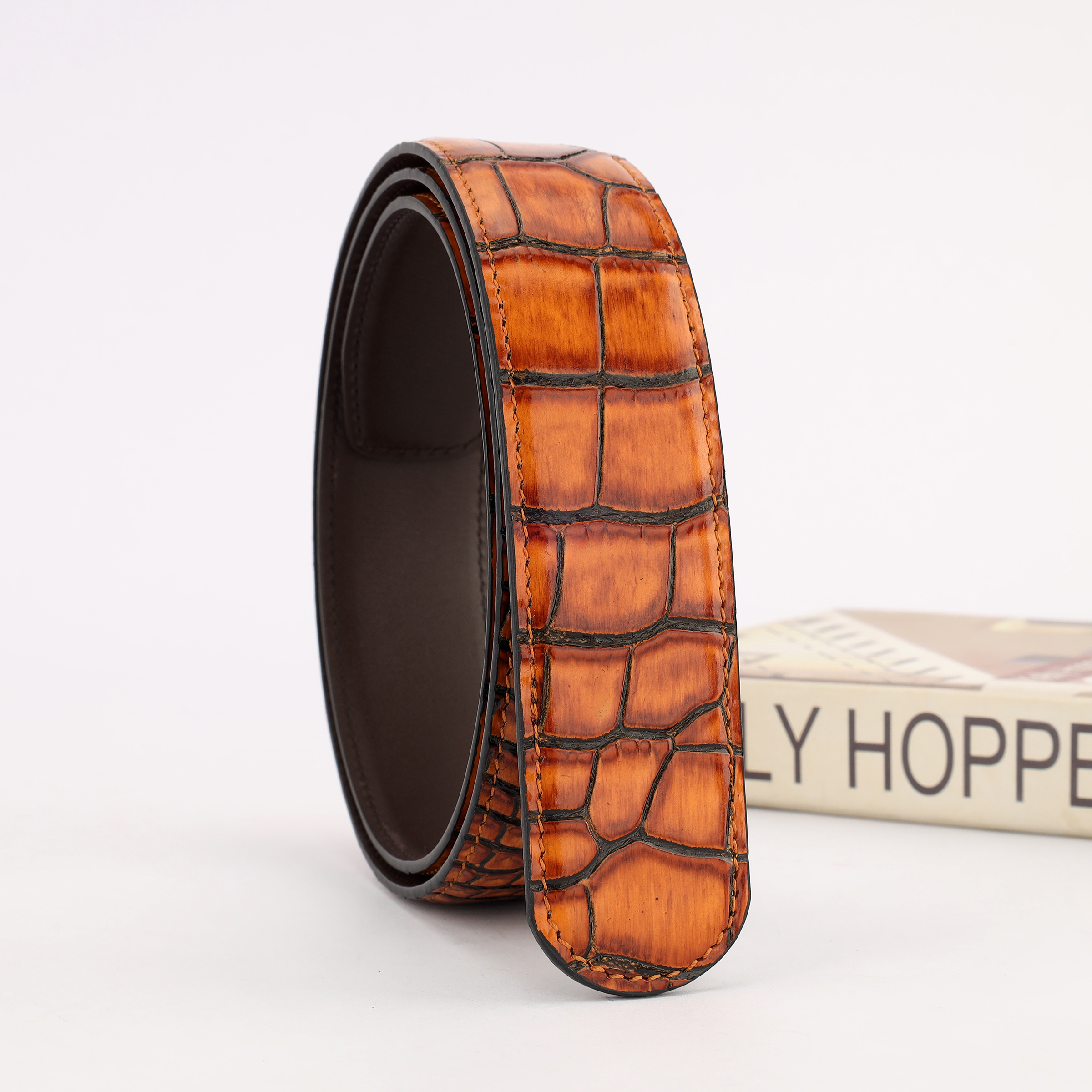 擦色鳄鱼！琥珀黄3.8打孔暹罗鳄手工擦色+小牛皮底皮腰带