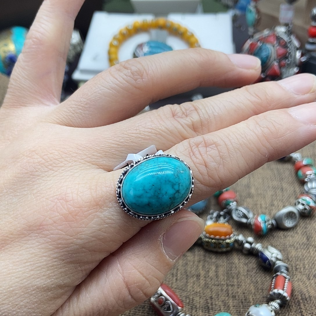 绿松石银S925镶嵌戒指坤尼泊尔手工制作