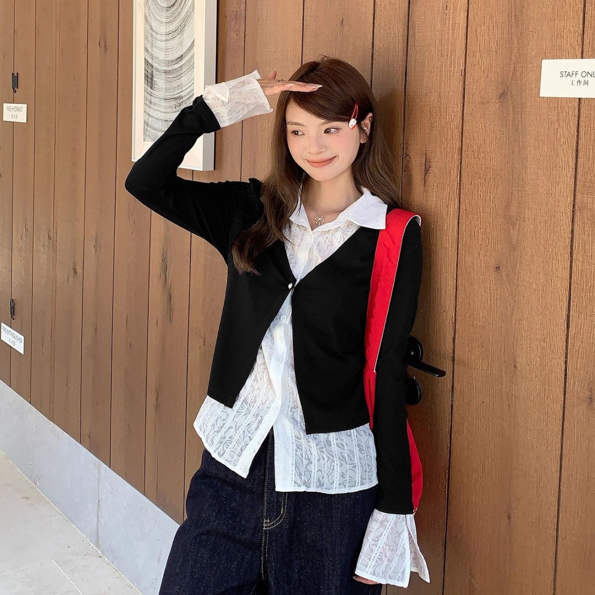 玖玖【原版提花+人棉】韩系假两件拼接内搭T恤女修身chic长袖上衣
