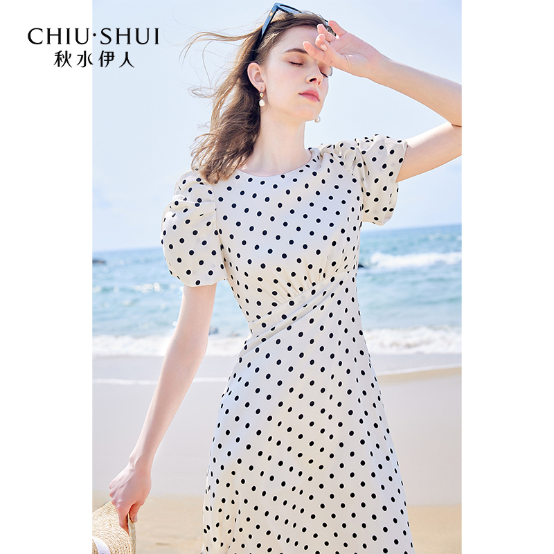【许半夏专属】秋水伊人肌理感黑白波点雪纺连衣裙年夏季新款女
