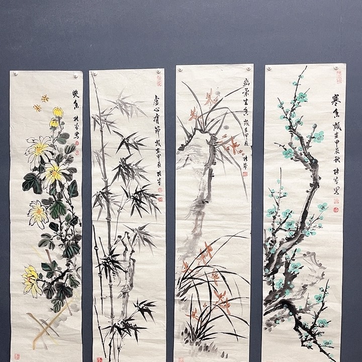 国画梅兰竹菊四尺对开张成