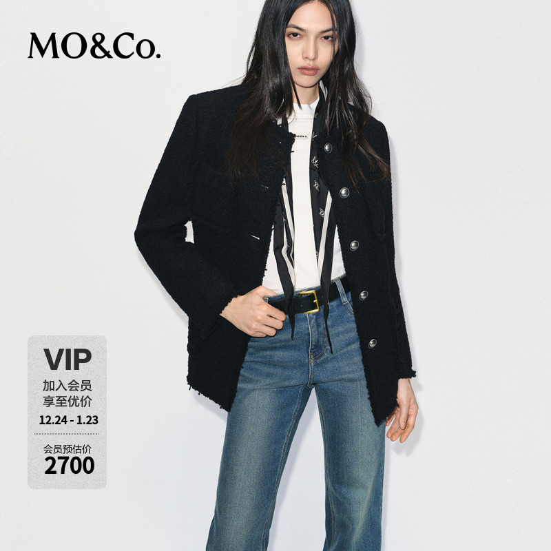 MOCO粗呢外套老花丝巾2025冬新品绵羊毛羊驼毛小香风MBE4COT057