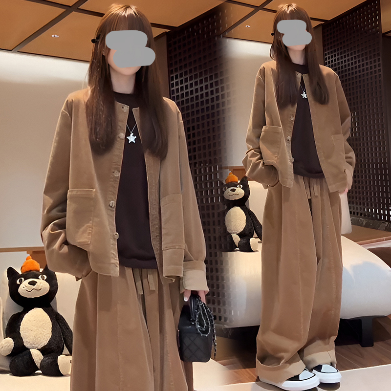 高级感时尚气质套装女春秋季新款时髦圆领短外套阔腿裤显瘦两件套