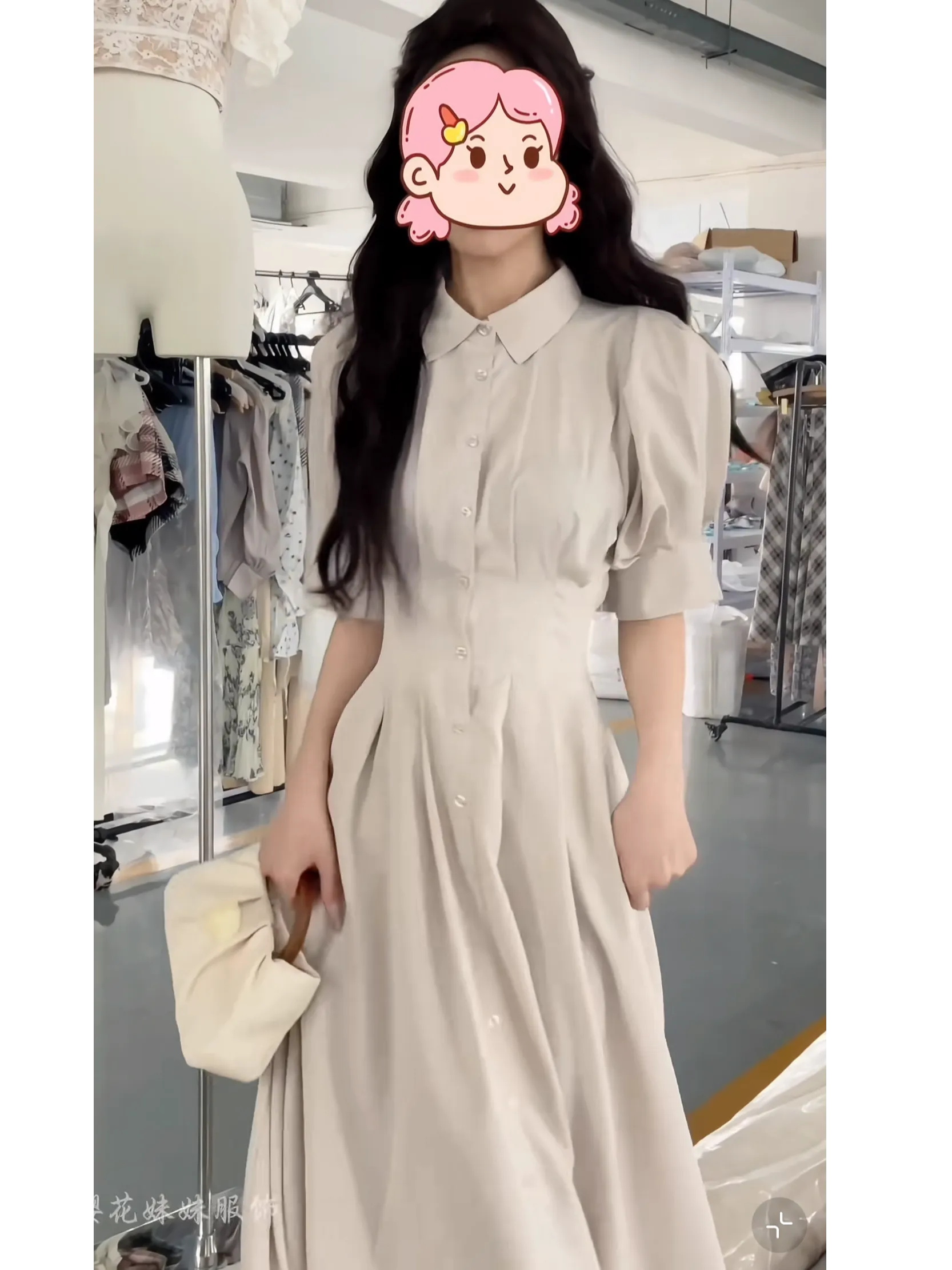 樱花妹妹 气质翻领排扣收腰短袖衬衫连衣裙