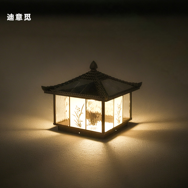 智能新款中式太阳能柱头灯庭院防水适用户外花园围墙别墅门厅兰花