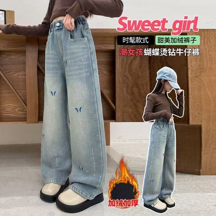 母女款加绒牛仔裤2025冬季新款韩系加绒甜美烫钻蝴蝶结软牛仔裤