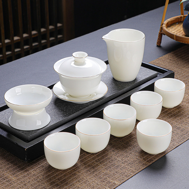 羊脂玉白瓷功夫茶具套装家用盖碗茶壶茶杯会客精品陶瓷泡茶新款整