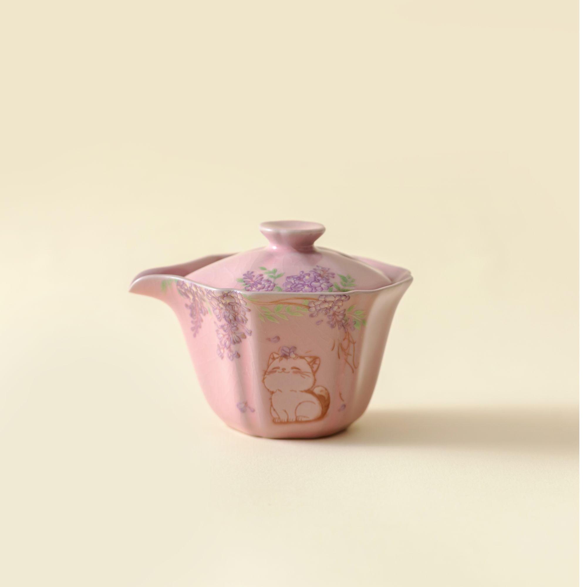 粉汝紫藤猫咪手抓盖碗