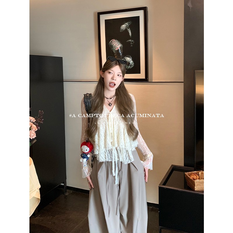 LUU桃喜儿/白色针织蕾丝衬衫女秋冬内搭长袖设计感小众韩系上衣