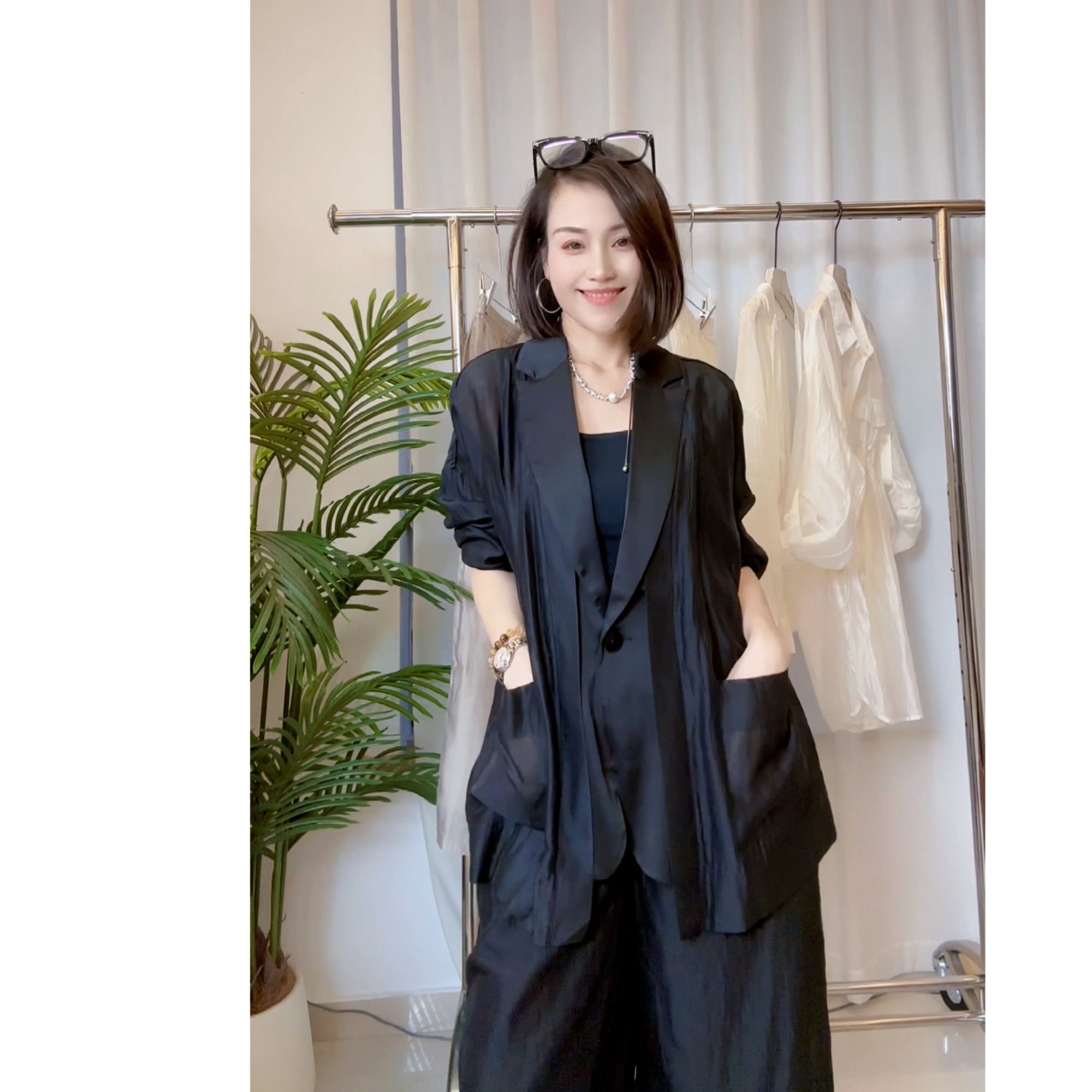 安然【西服外套】韩系宽松休闲时尚西服夏季女莱赛尔清爽透气3377