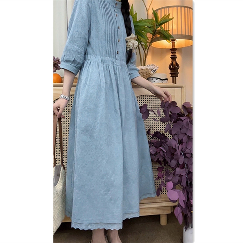 大乔【江南】中袖提花连衣裙气质文艺风宽松抽绳收腰宽松连衣裙显瘦