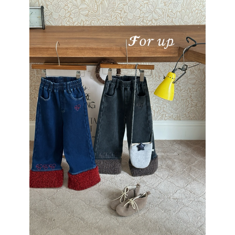 【现货冬款FORUP】女童冬装黎熙刺绣拼毛一体绒牛仔裤254-FU-65858