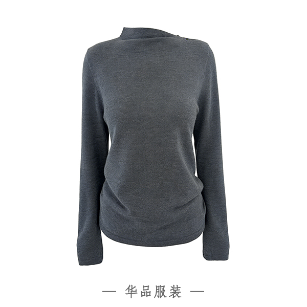 精纺羊绒半高领长袖轻熟风常规时尚休闲斜领纽扣针织衫