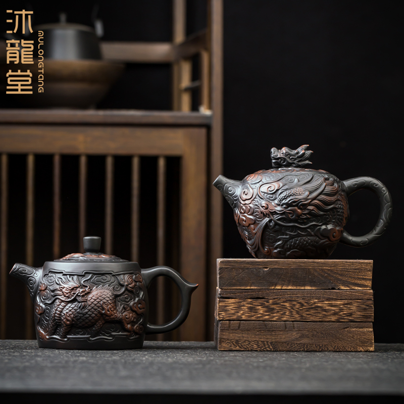 紫陶茶壶大容量泡茶壶陶瓷紫砂功夫茶具复古家用手工雕刻送礼单壶