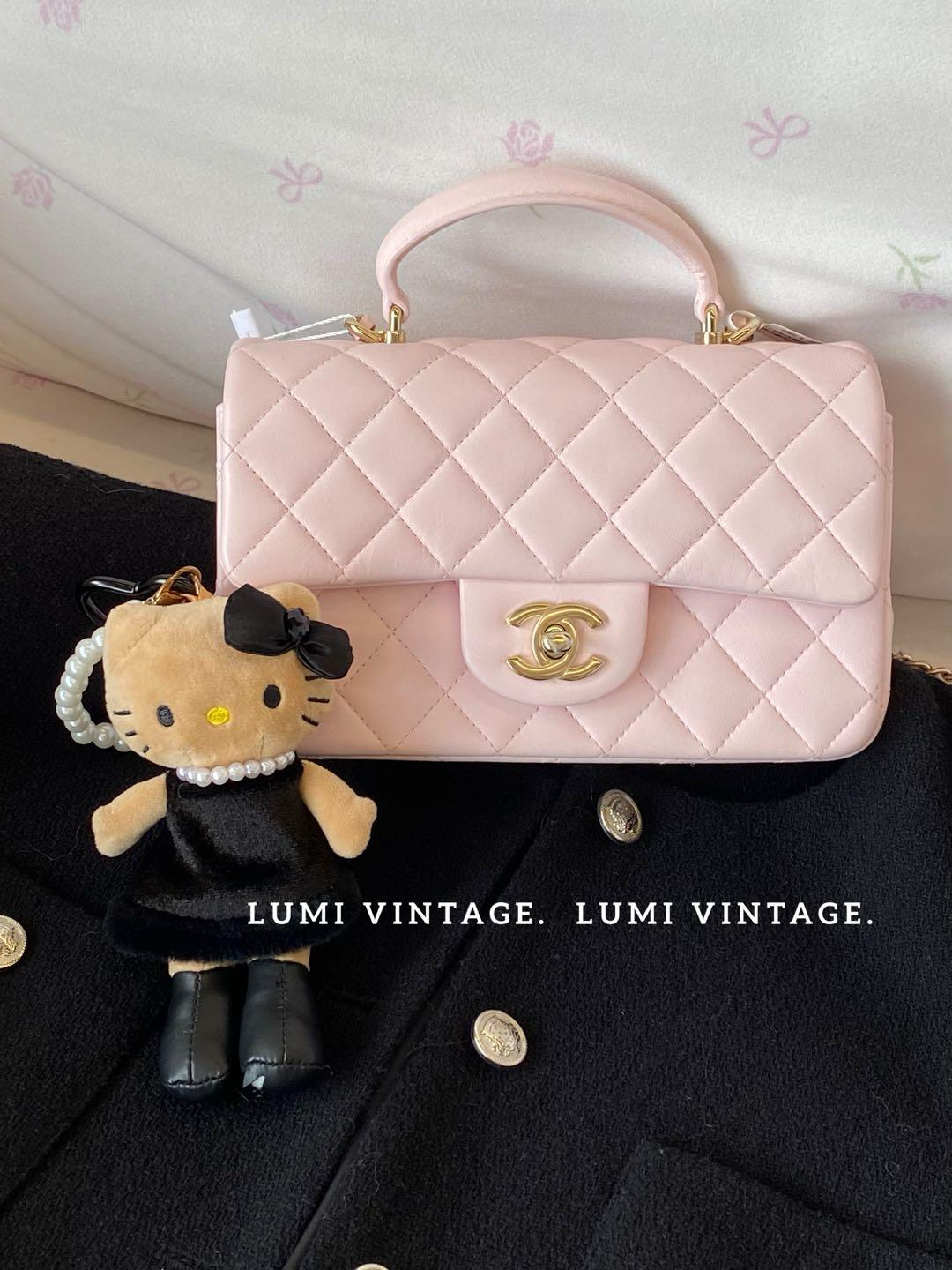 95新 Chanel/香奈儿 22p樱花粉羊皮手柄大mini单肩包76387548