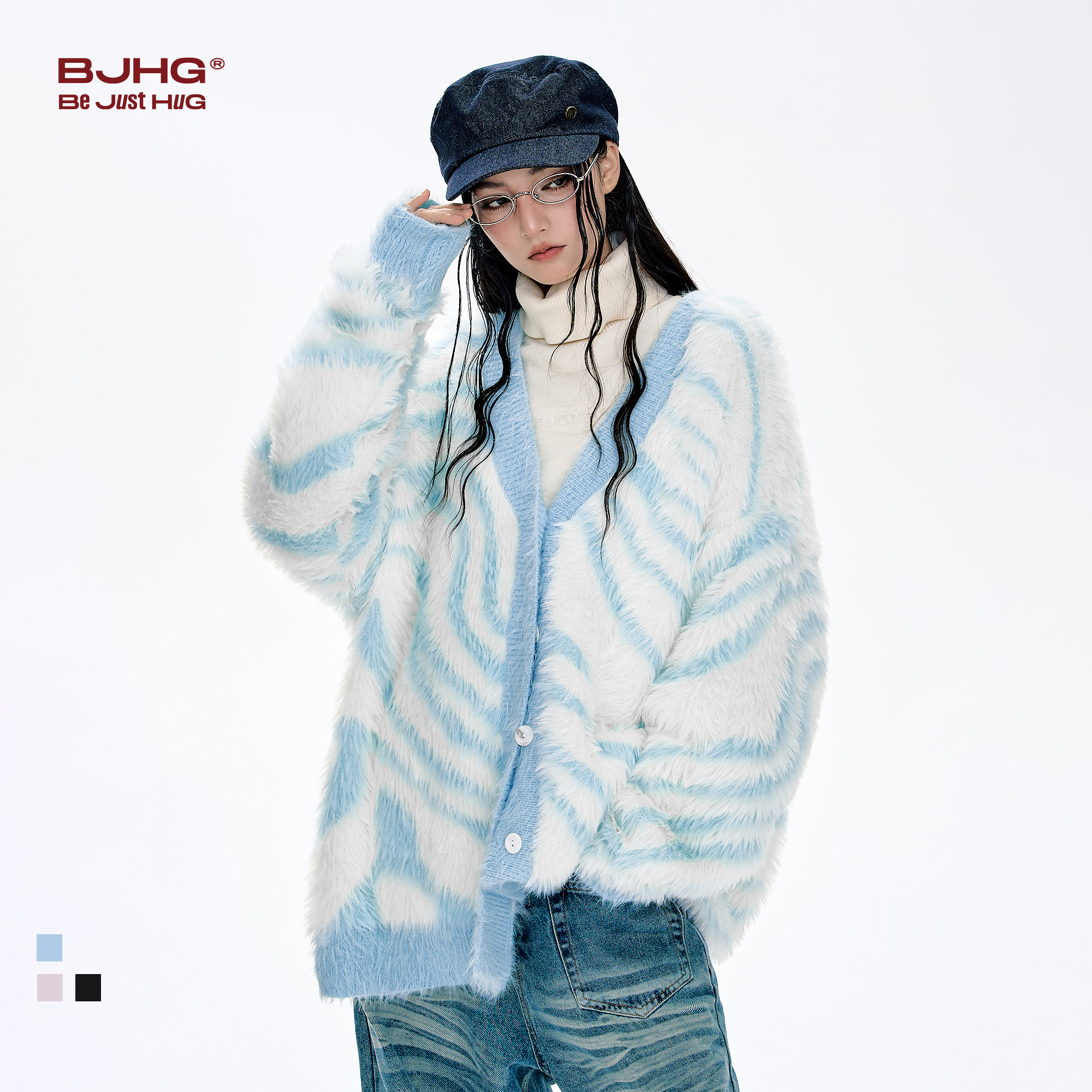 BJHG不计后果仿貂毛毛衣男款秋冬新款潮牌斑马条纹宽松开衫外套女