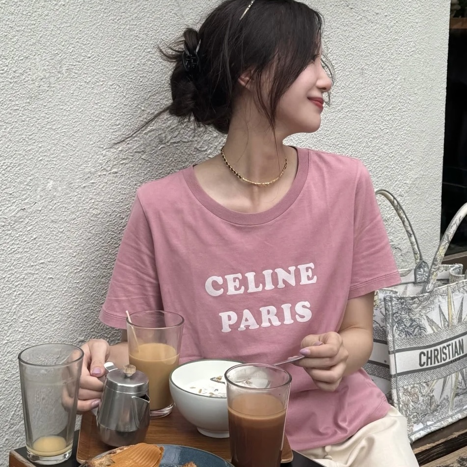 未使用 Celine/思琳 logo粉色短袖/L码/CELINE衣服/吊牌