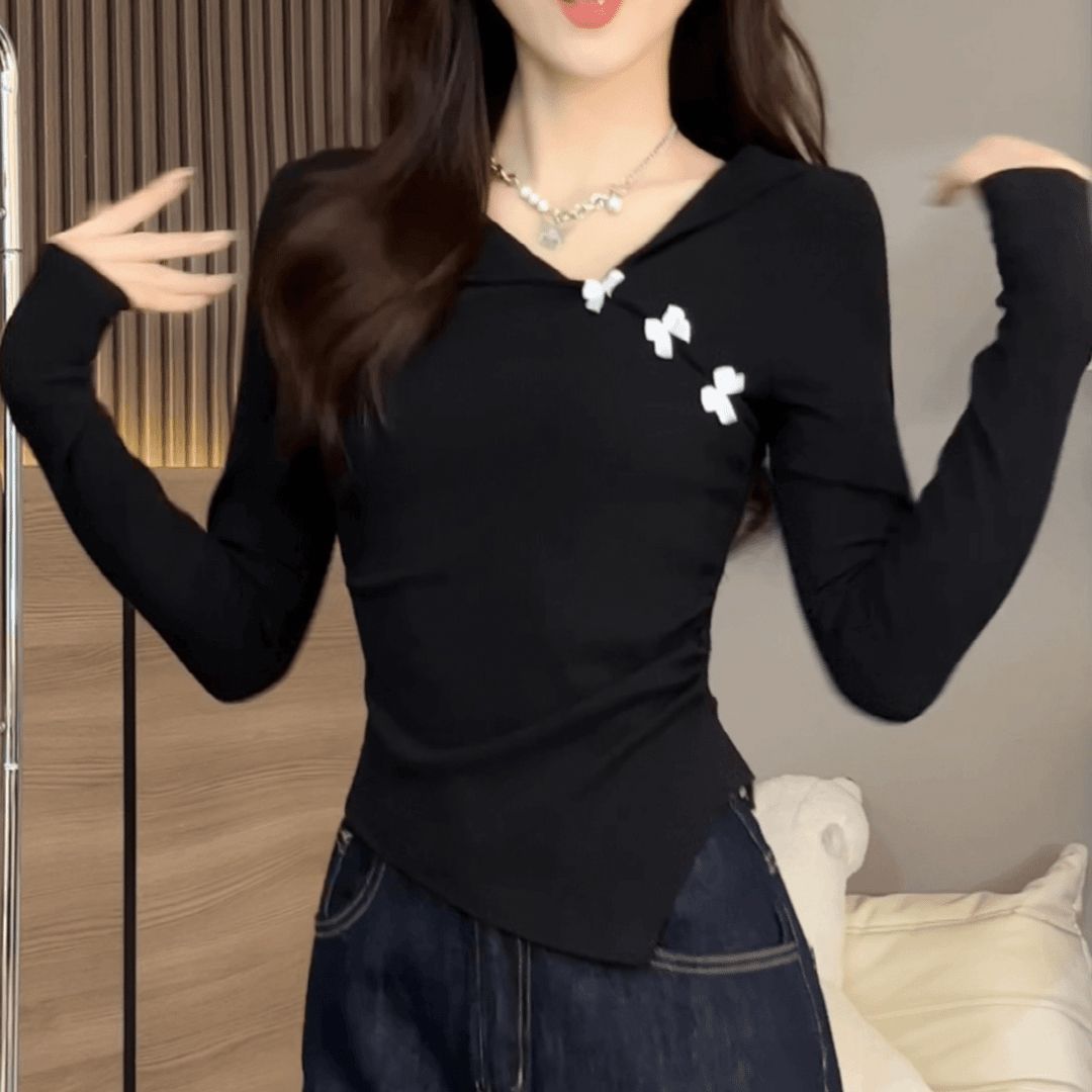 大码设计感蝴蝶结长袖T恤打底衫女春秋冬季修身显瘦内搭外穿上衣