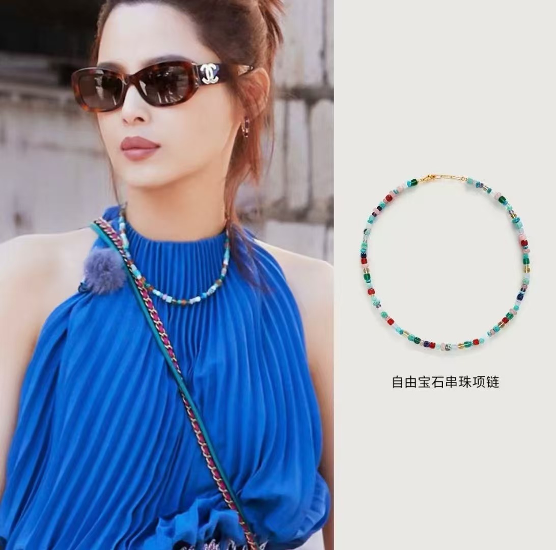 铜合金项链  白鹿同款自由彩色石串珠守护项链时尚少女小众锁骨链