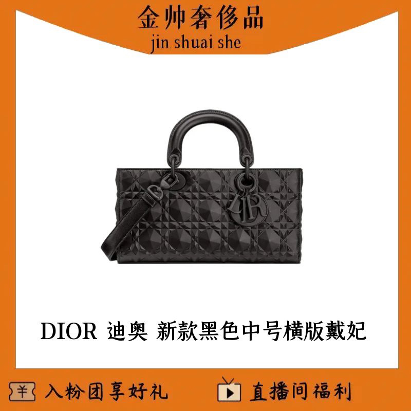 99新 DIOR/迪奥 黑色/中号/横版戴妃/钻石型藤格纹/单肩包/B5207