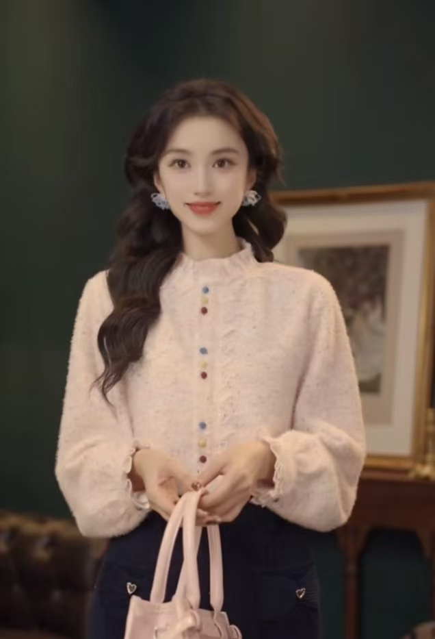 【彩虹糖果】超好看花边领粉色衬衫女冬季设计感彩色扣子上衣