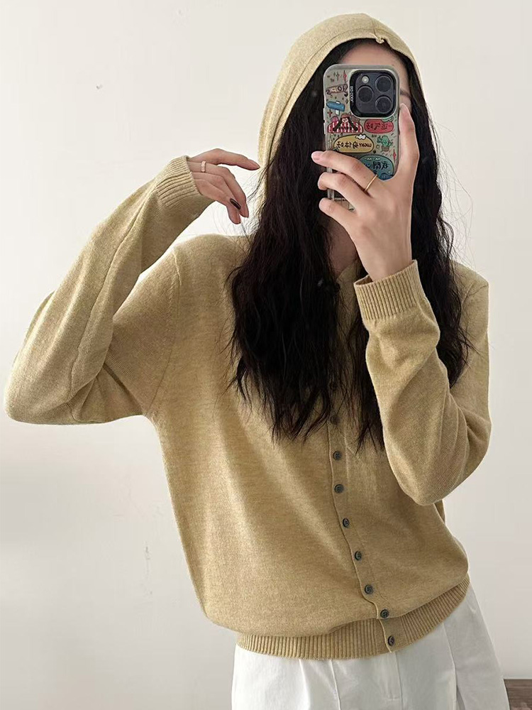 初秋针织开衫2025新款法式连帽女精纺超细百搭打底衫