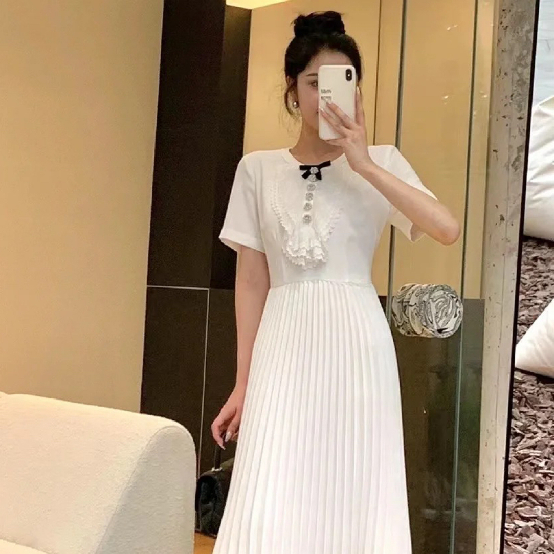 （姜qiong穹）甜美学院风蝴蝶结蕾丝收腰显瘦百褶短裙连衣裙