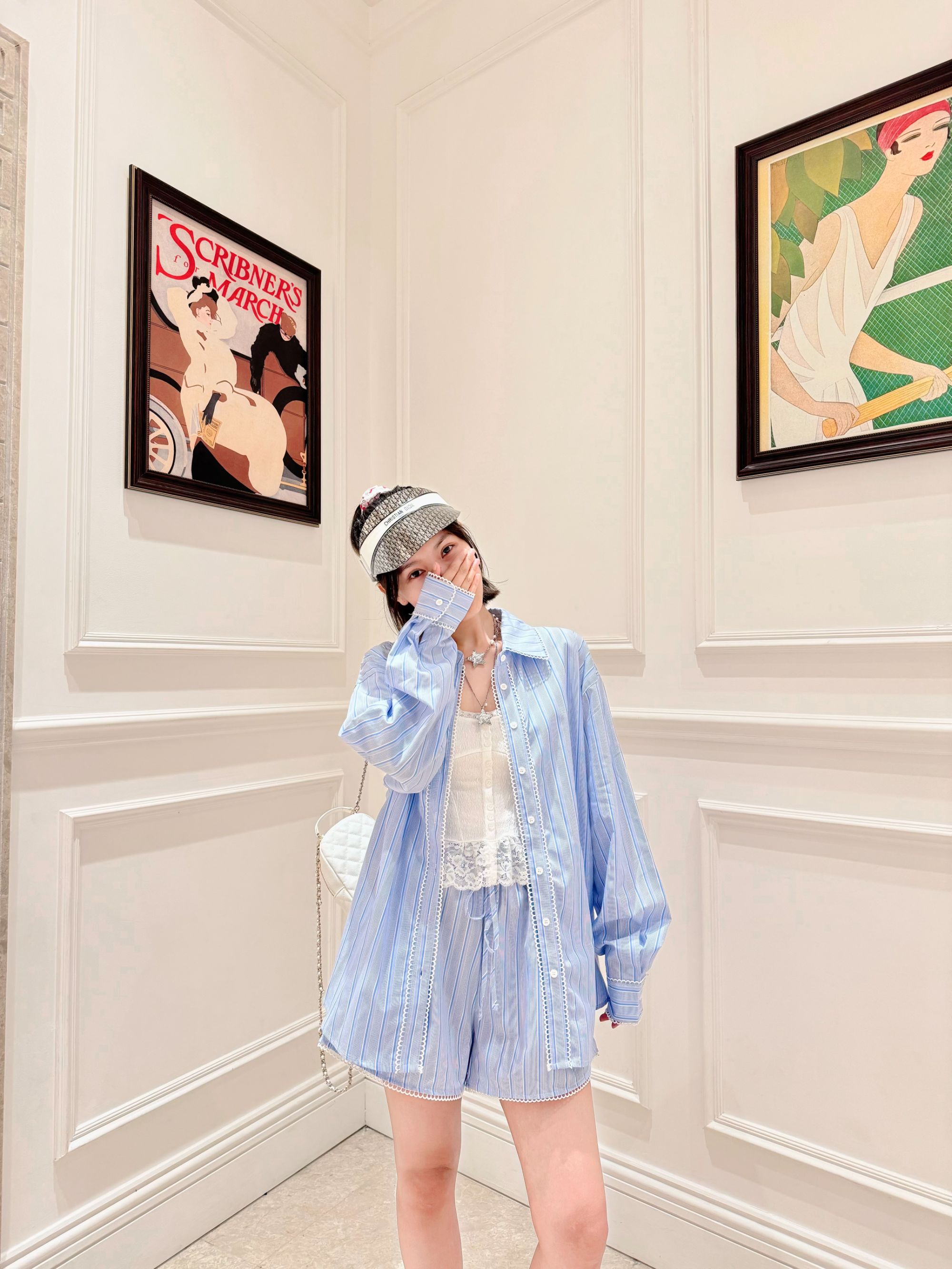 muhou25/蕾丝边拼接条纹长袖套装