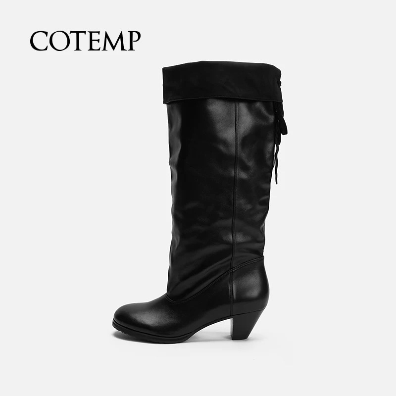 COTEMP 24年冬季新款翻折圆头褶皱靴高跟堆堆靴过膝