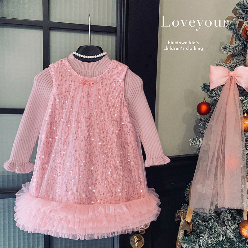 【本妈】秋冬"红茶布蕾"女童针织上衣+无袖加绒亮片网纱连衣裙88193