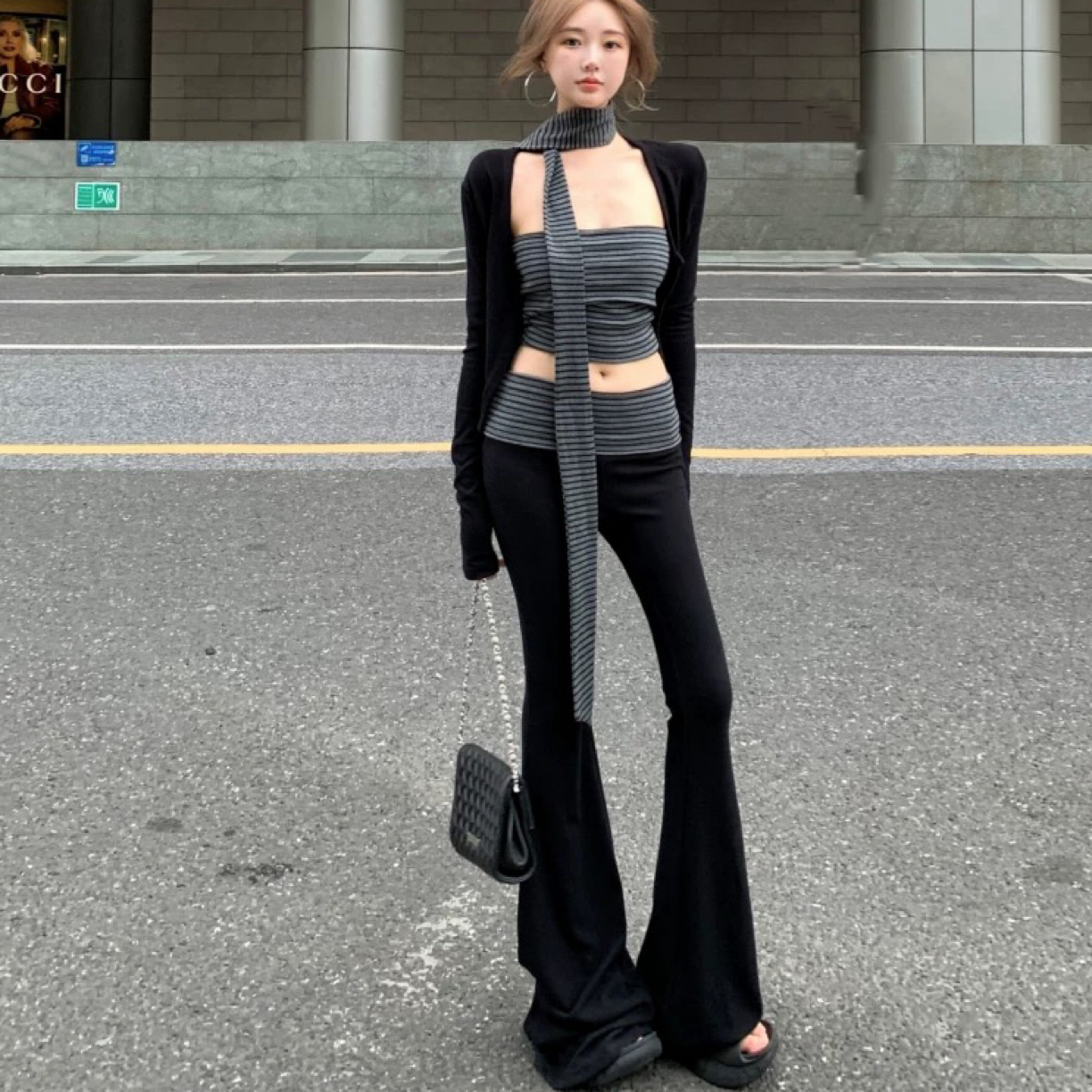 条纹辣妹 抹胸套装