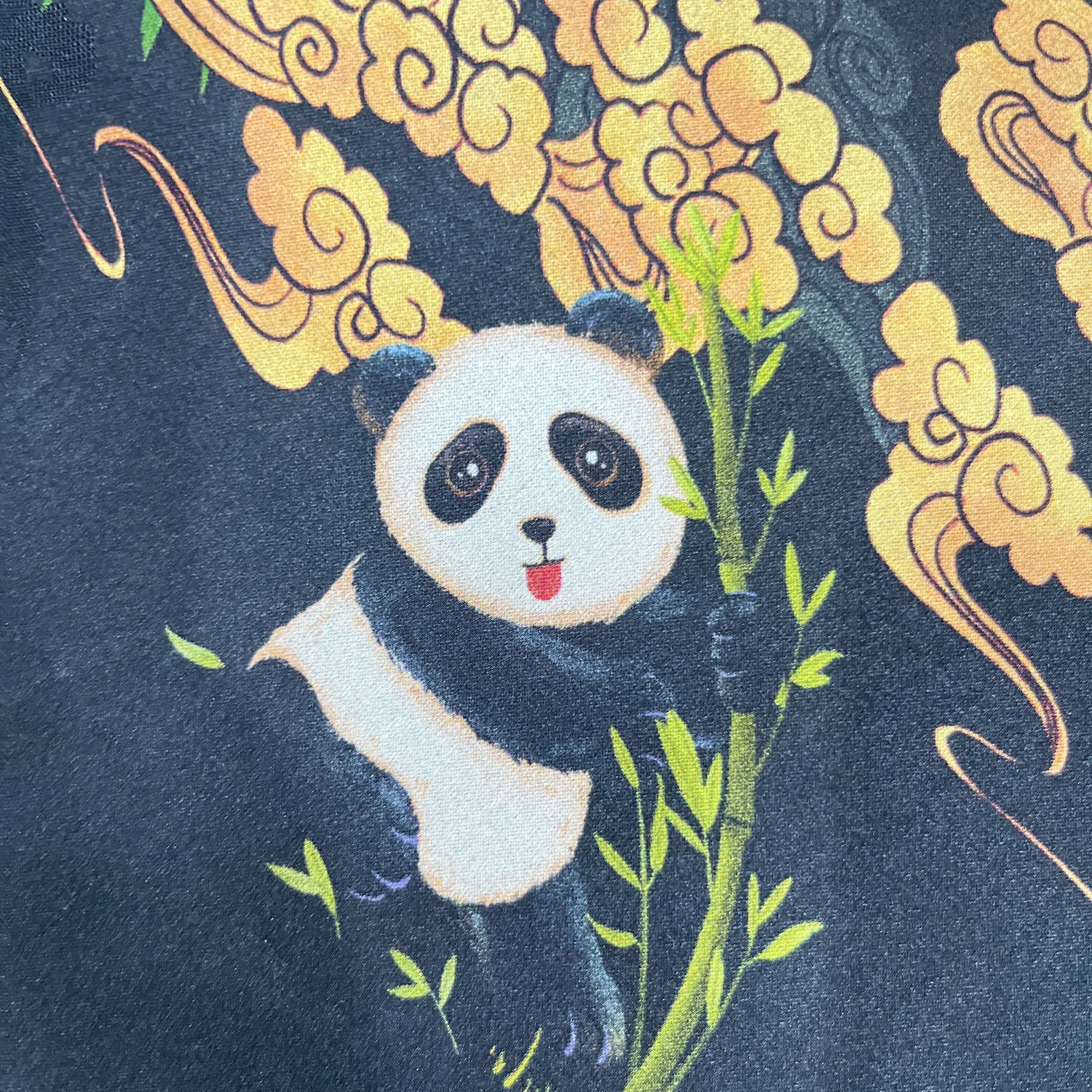 【黑底 熊猫抱竹】 100真丝  香云纱布料